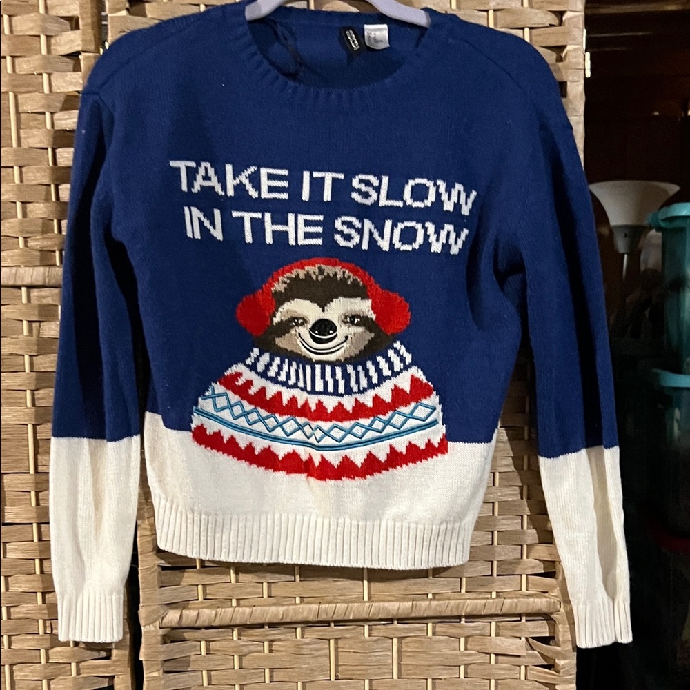 H&M Blue and White Sweater with Sloth Design